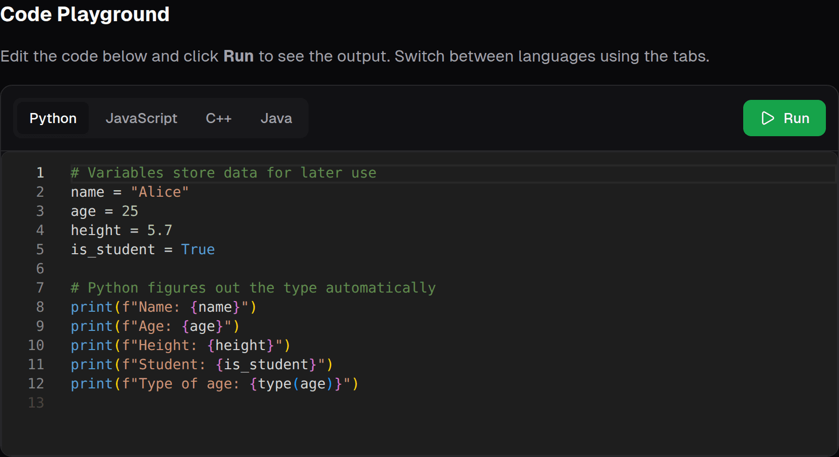 Real screenshot of the lesson code playground: Python, JavaScript, C++ and Java tabs above a syntax-highlighted editor with a Run button